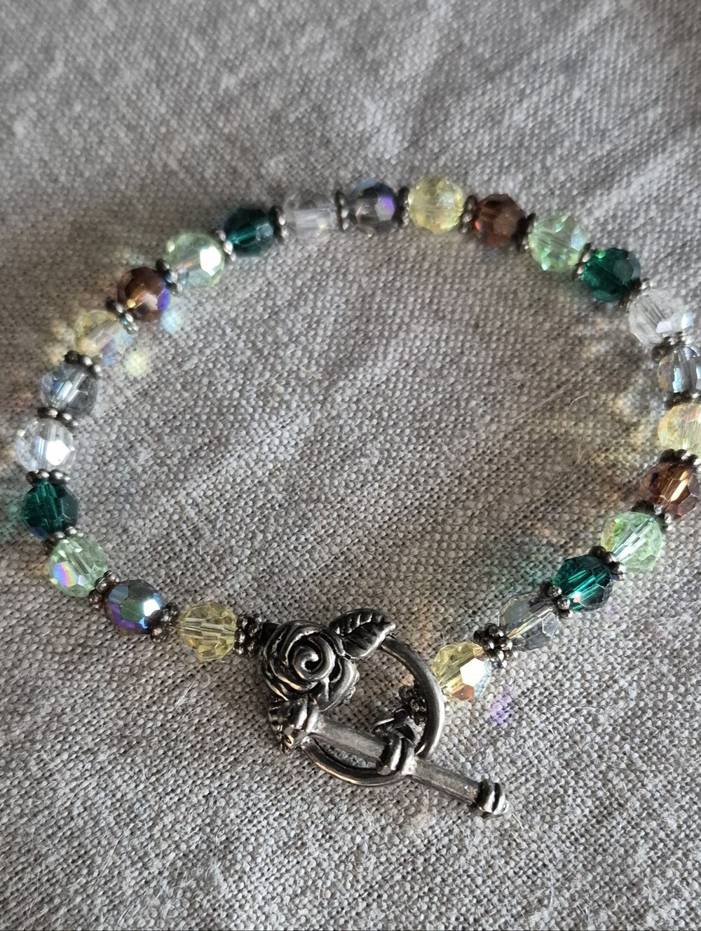 Handcrafted Multicolor Swarovski Crystal Bracelet with Silver Rose Toggle
